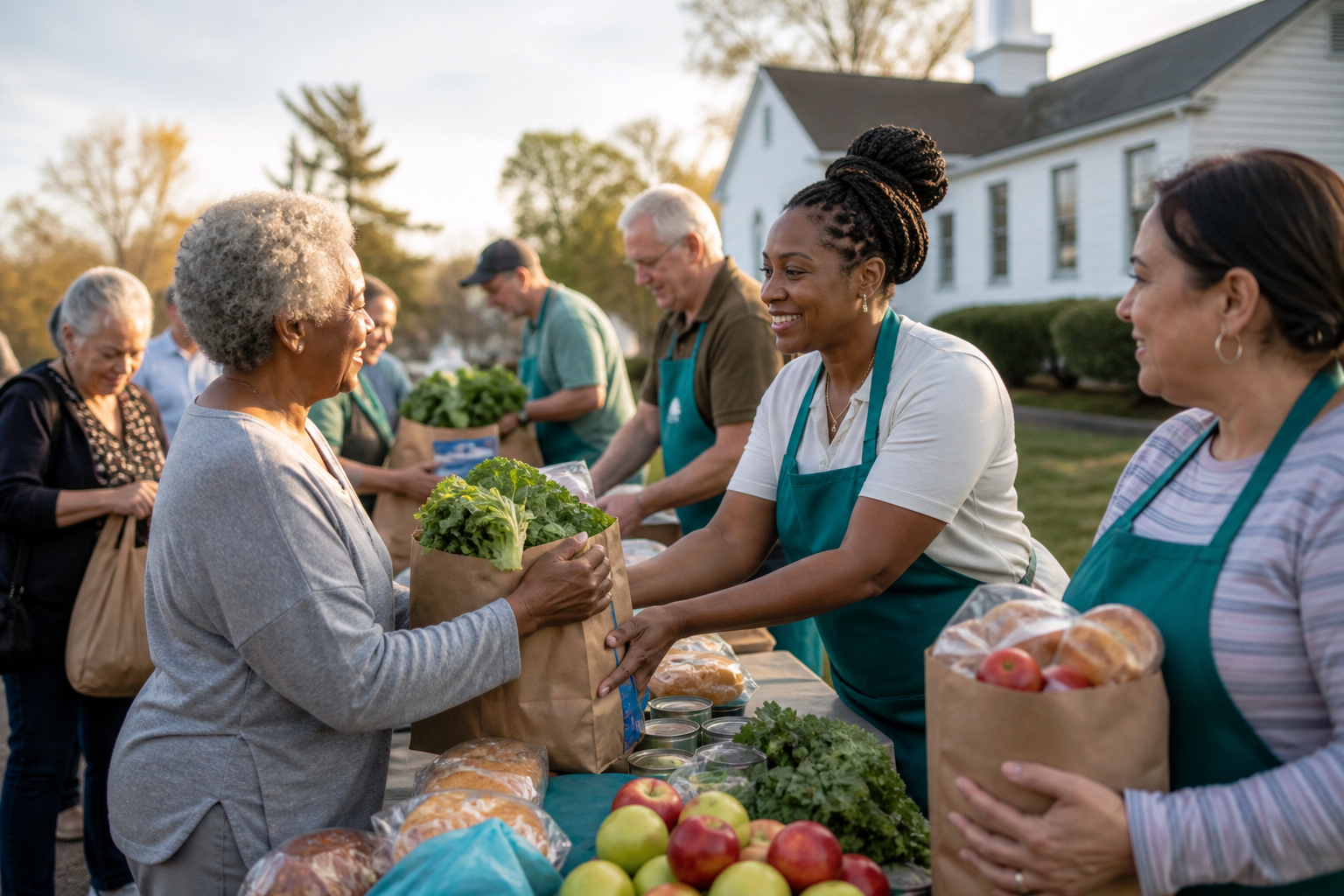 Volunteers handing out groceries to families on a distribution day